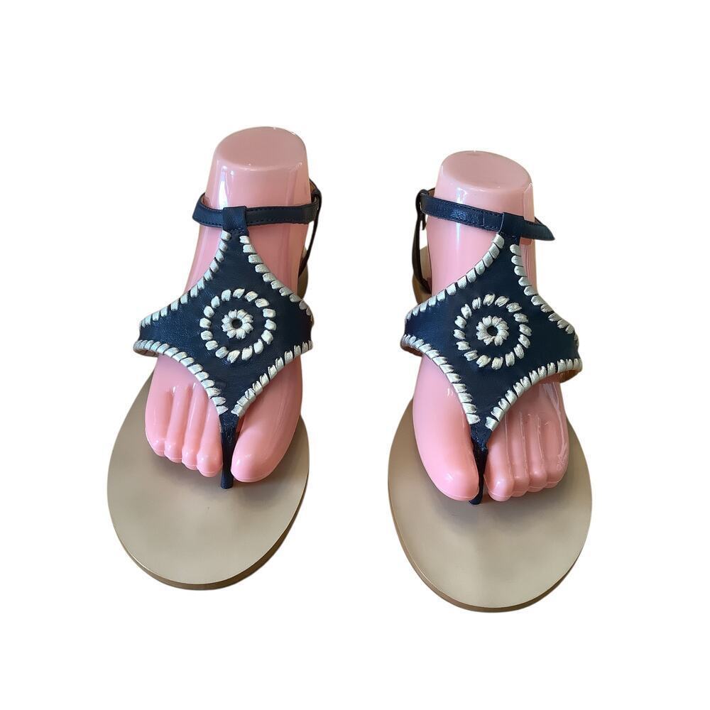 JACK ROGERS “MACI” NAVY BLUE/GOLD WHIPSTICHED SLINGBACK SANDALS 11M - Picture 2 of 11